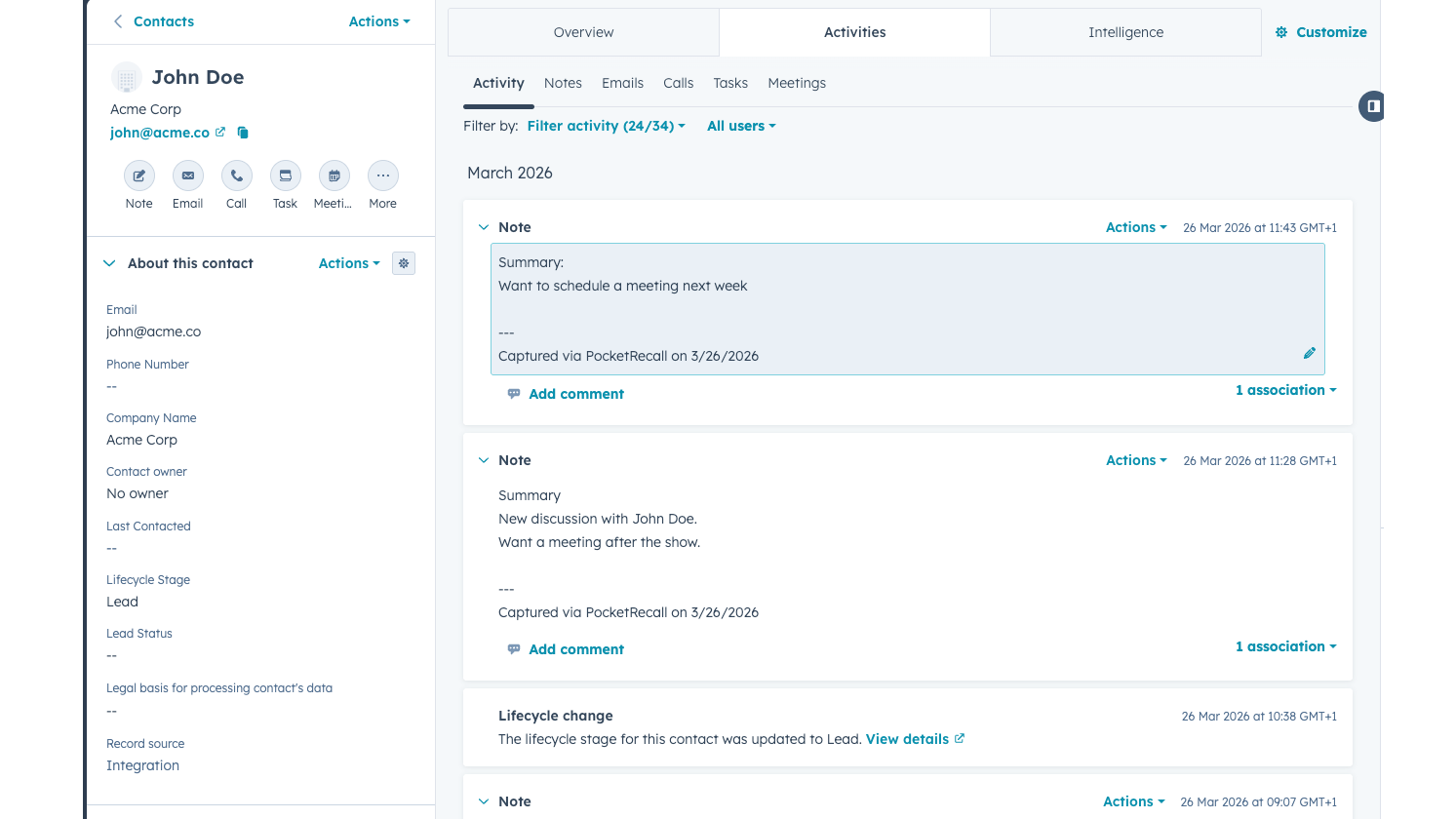 PocketRecall Automatic Note Creation